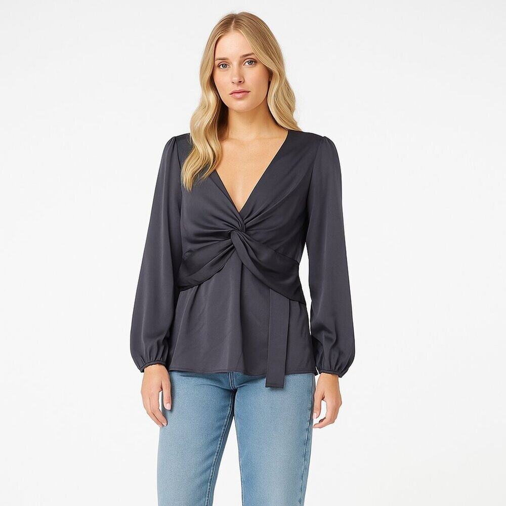 2/$30 Pleione Gathered Waist Center Twist Blouse Gray Medium #A0209 TRB2